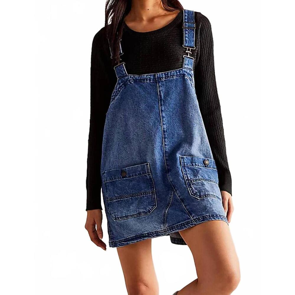 NEW SWEETKAMA backroad denim overall mini dress in sapphire